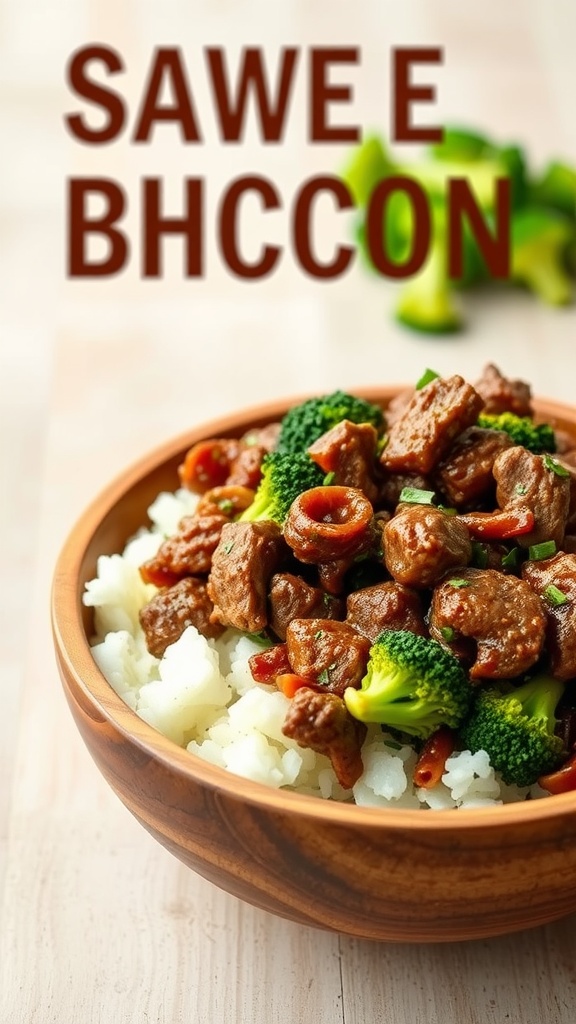A bowl of Beef and Broccoli Stir-Fry served over rice.