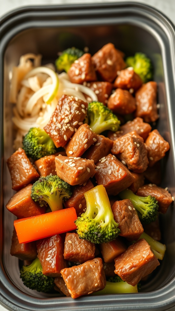 A meal prep container filled with beef and broccoli stir-fry, featuring diced beef, broccoli florets, and noodles.