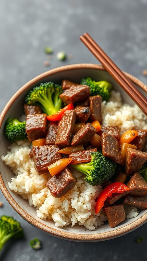 A colorful bowl of beef and broccoli stir-fry served over brown rice, garnished with sesame seeds.