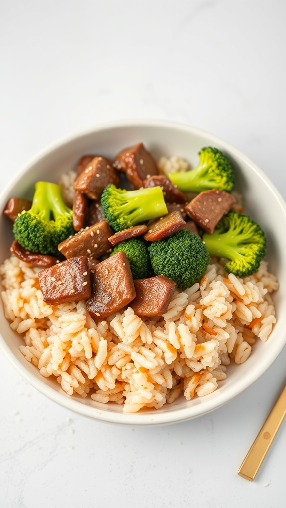 A bowl of beef and broccoli served over brown rice.