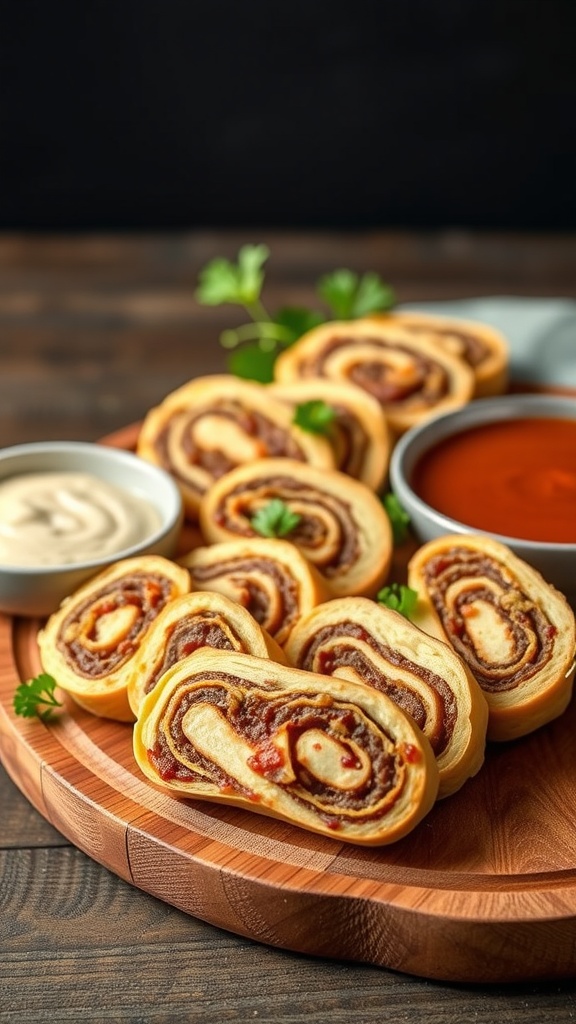 Savory beef and cheese pinwheels sliced and arranged on a wooden platter with dipping sauces.