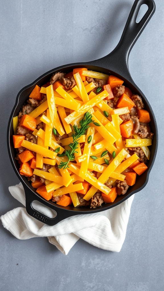 A skillet filled with beef, sweet potatoes, and cheese, ready to be baked into a casserole.