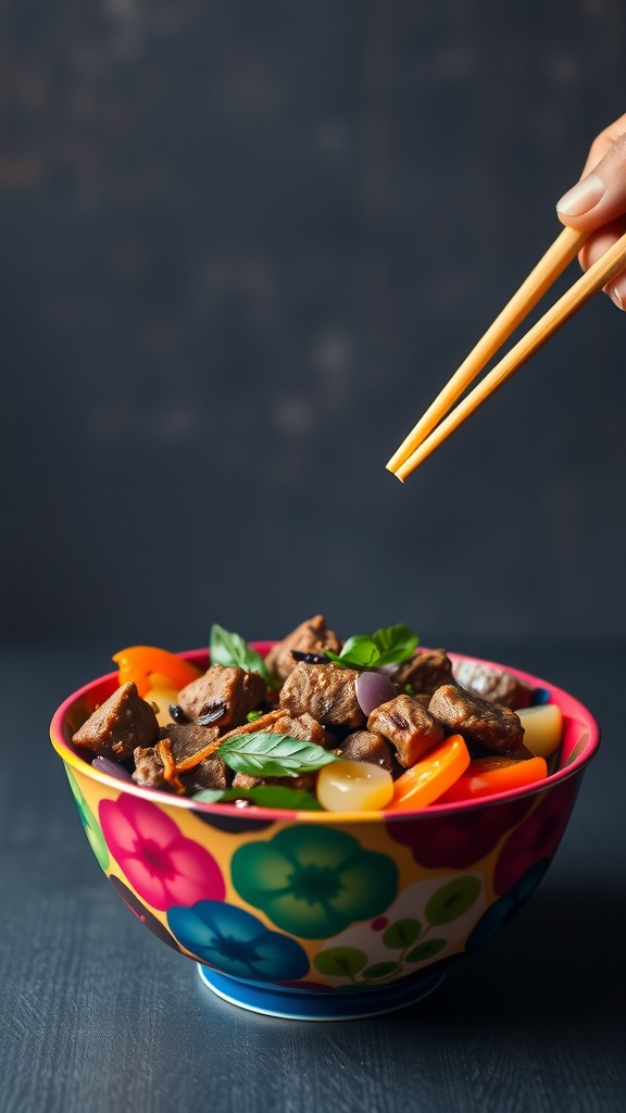 A colorful bowl of beef and vegetable stir-fry with chopsticks.