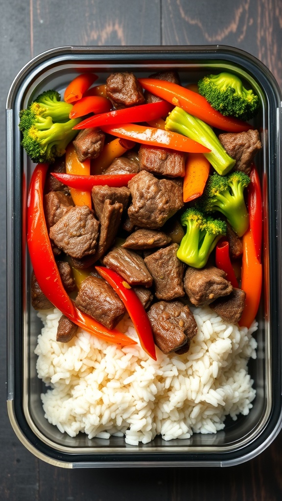 A meal prep container filled with beef, colorful bell peppers, broccoli, and rice.