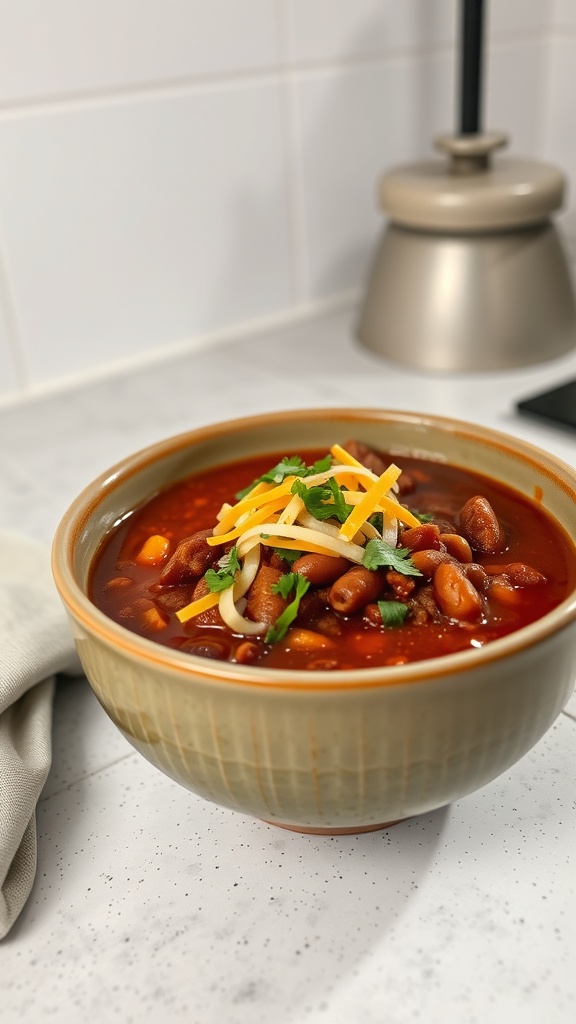 A bowl of beef chili with beans, topped with cheese and cilantro.