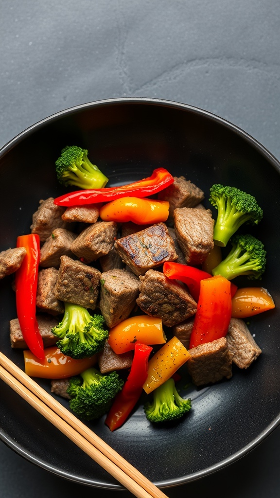 A bowl of beef stir-fry with bell peppers and broccoli, served with chopsticks.