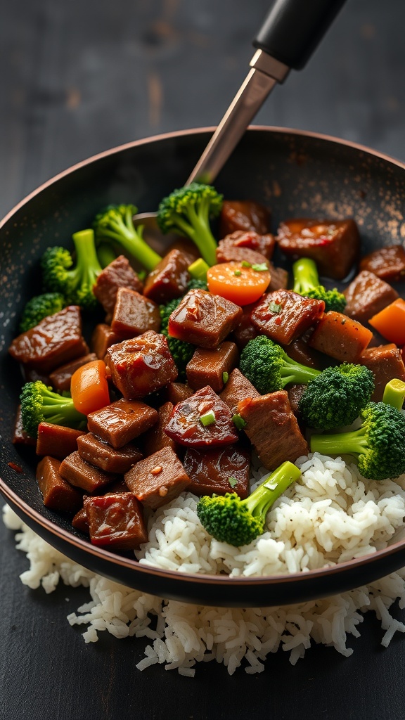 A bowl of beef stir-fry with broccoli and rice, showcasing colorful vegetables and tender beef.