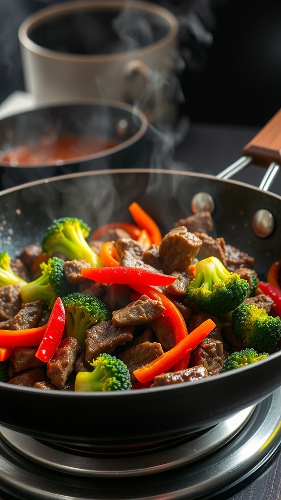 A colorful beef stir-fry with broccoli and bell peppers in a pan.