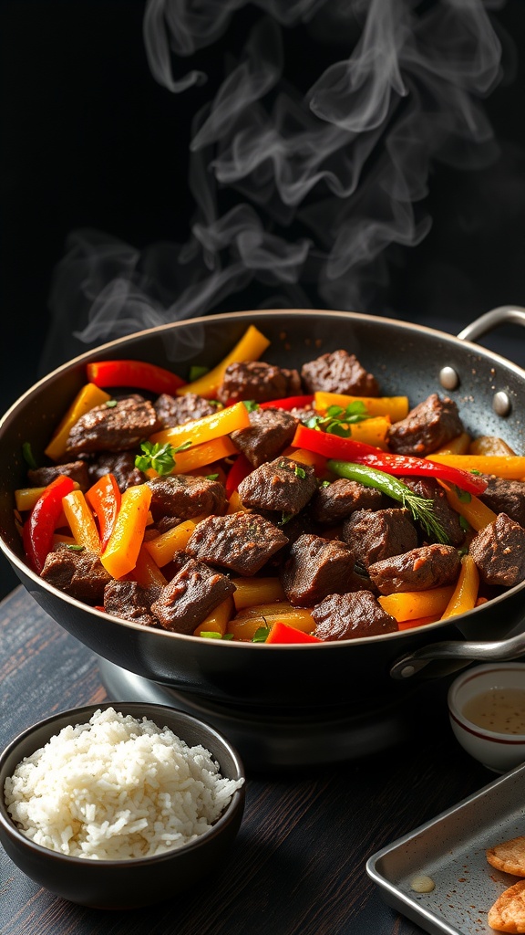 A delicious beef stir-fry with mixed vegetables in a skillet, served with rice.