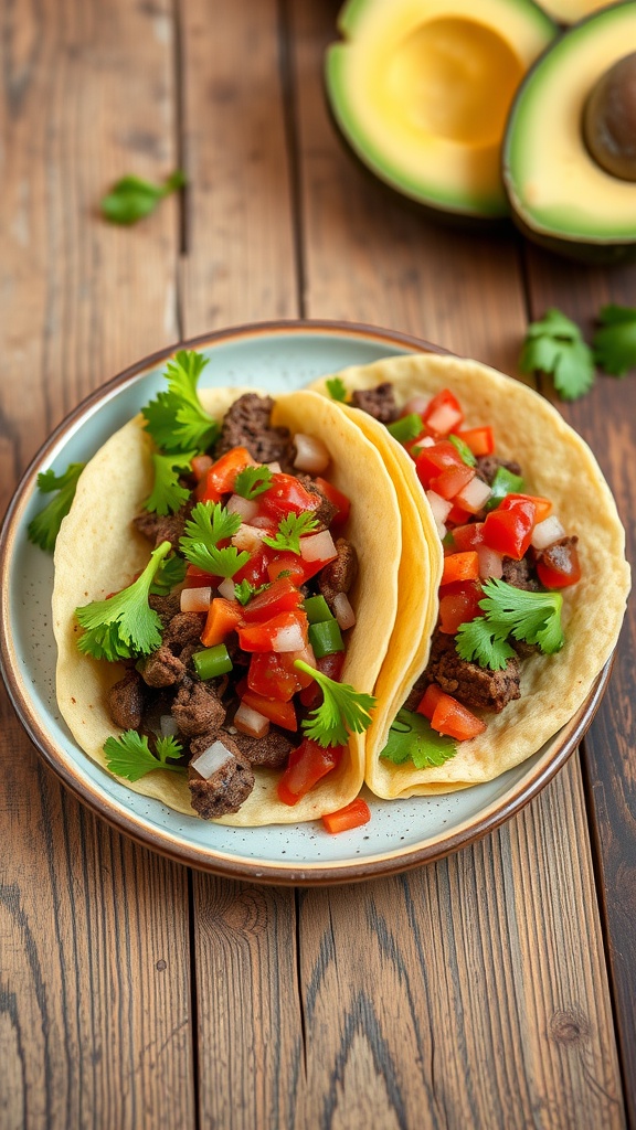 Two beef tacos topped with fresh salsa, cilantro, and served on a plate.