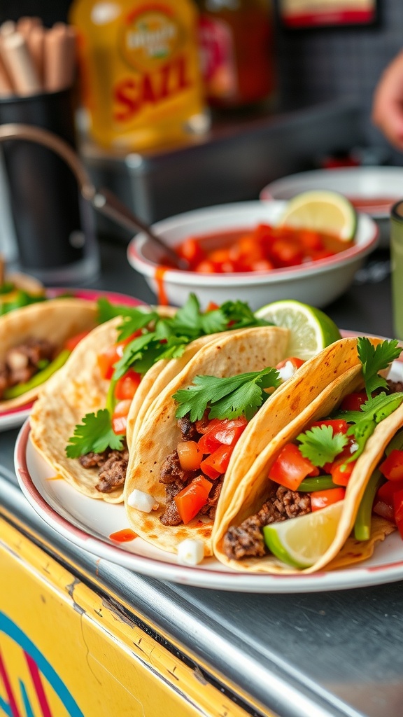 A plate of tasty beef tacos topped with fresh vegetables and lime wedges.