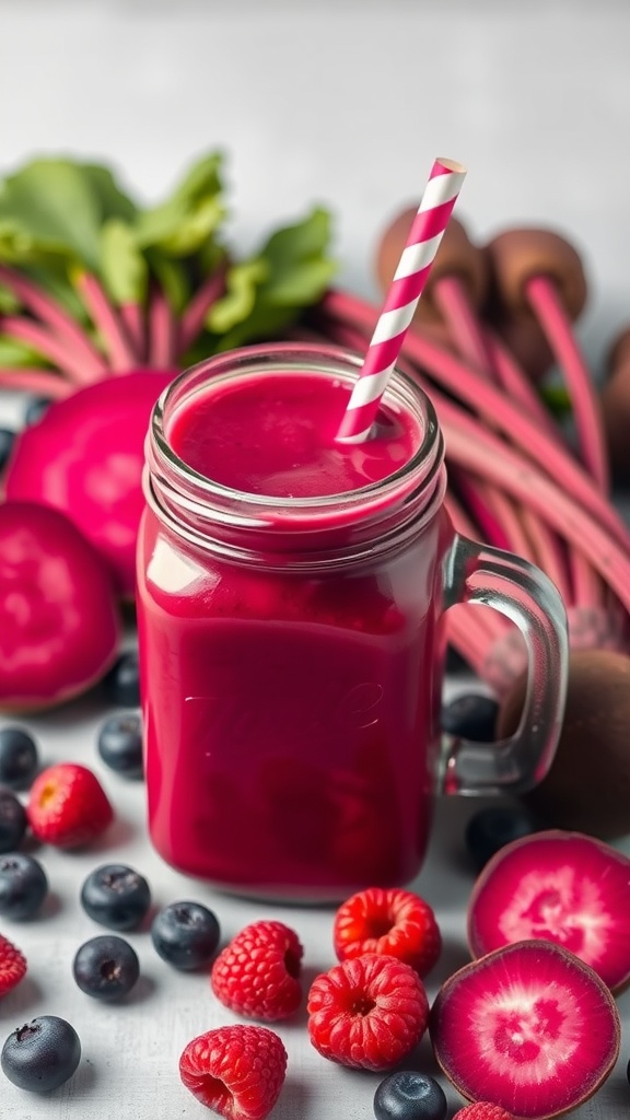 A vibrant beetroot and berry smoothie in a glass jar, surrounded by fresh berries and beetroot.