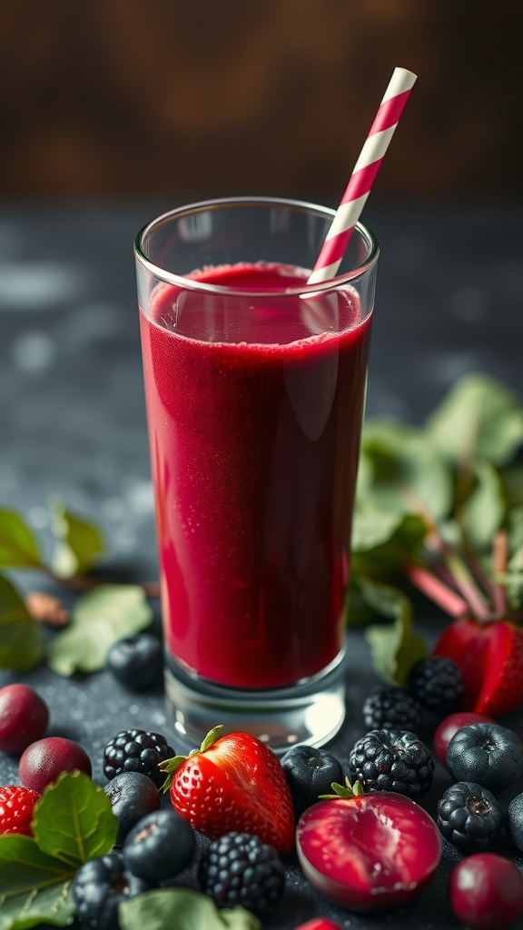 A vibrant beetroot and berry smoothie in a glass with a straw
