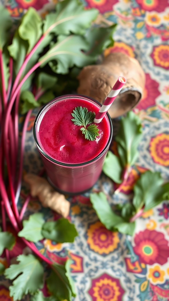 A vibrant beetroot and ginger smoothie garnished with a sprig of mint.