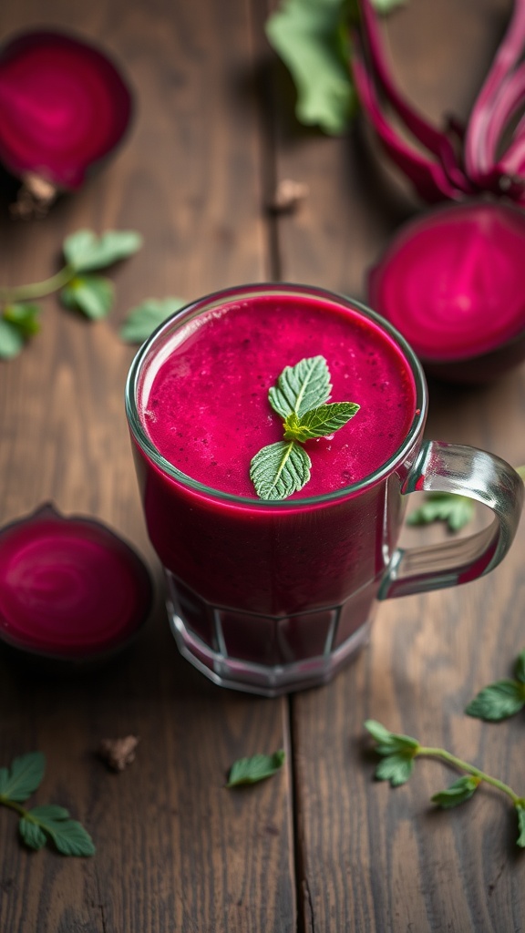 A vibrant beetroot smoothie topped with mint leaves, showcasing a nutritious drink.