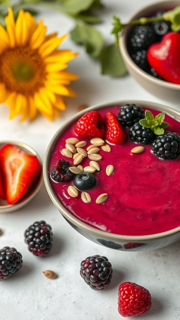 A vibrant beetroot smoothie topped with various berries and seeds in a bowl.