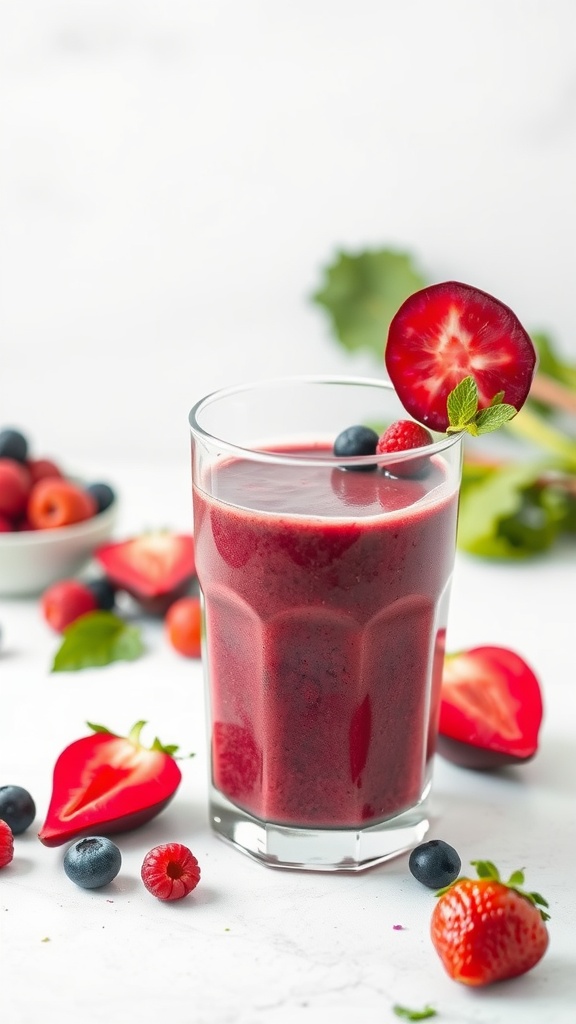 A refreshing beetroot berry smoothie in a glass with berries scattered around.