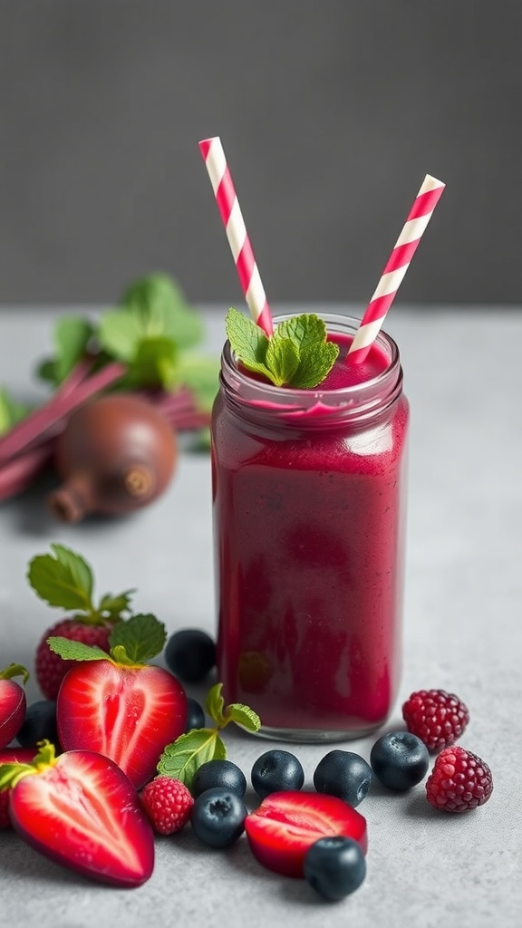 A vibrant beetroot berry smoothie in a jar with fresh berries and mint leaves surrounding it.