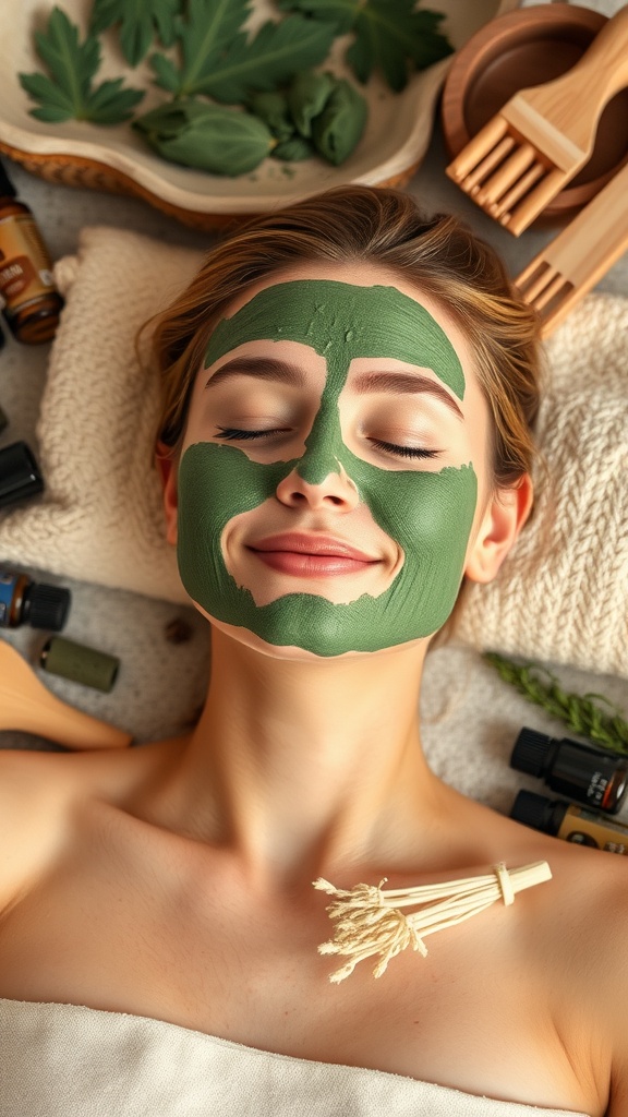 A person with a green clay mask on their face, relaxing with natural ingredients around them.