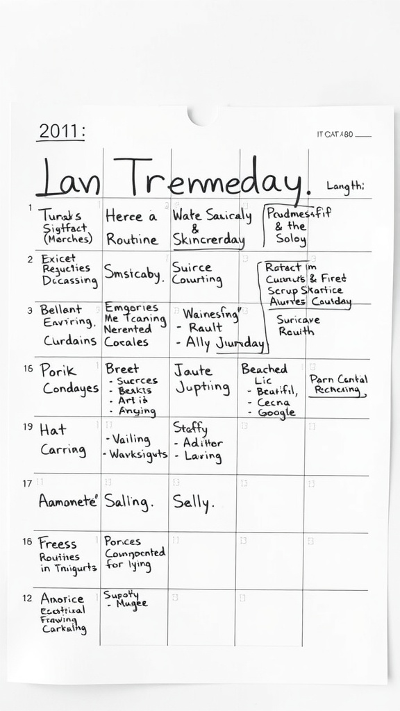 A handwritten calendar page with a variety of notes and reminders.