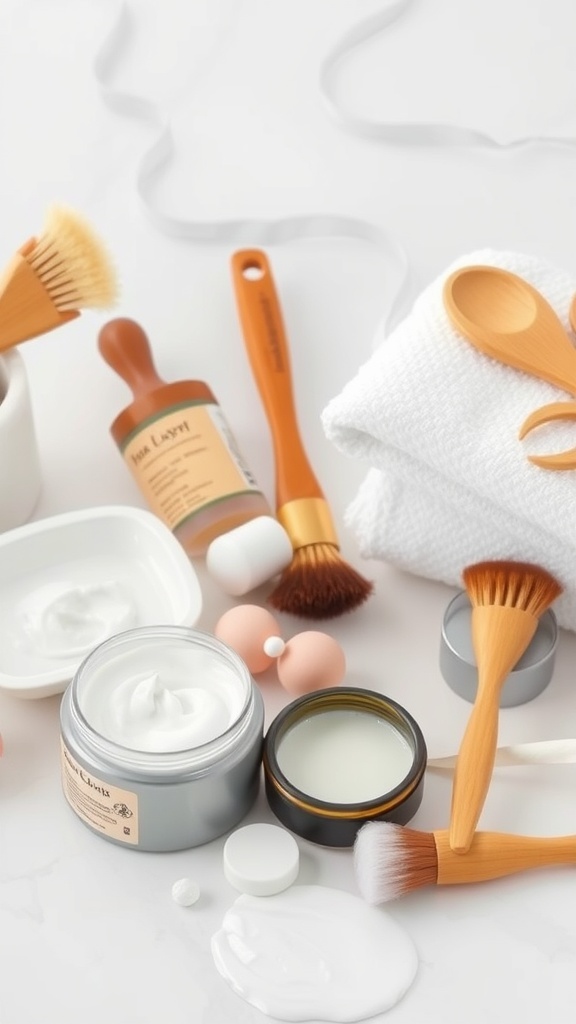 A collection of skincare products and tools including facial masks, brushes, and towels on a clean surface.