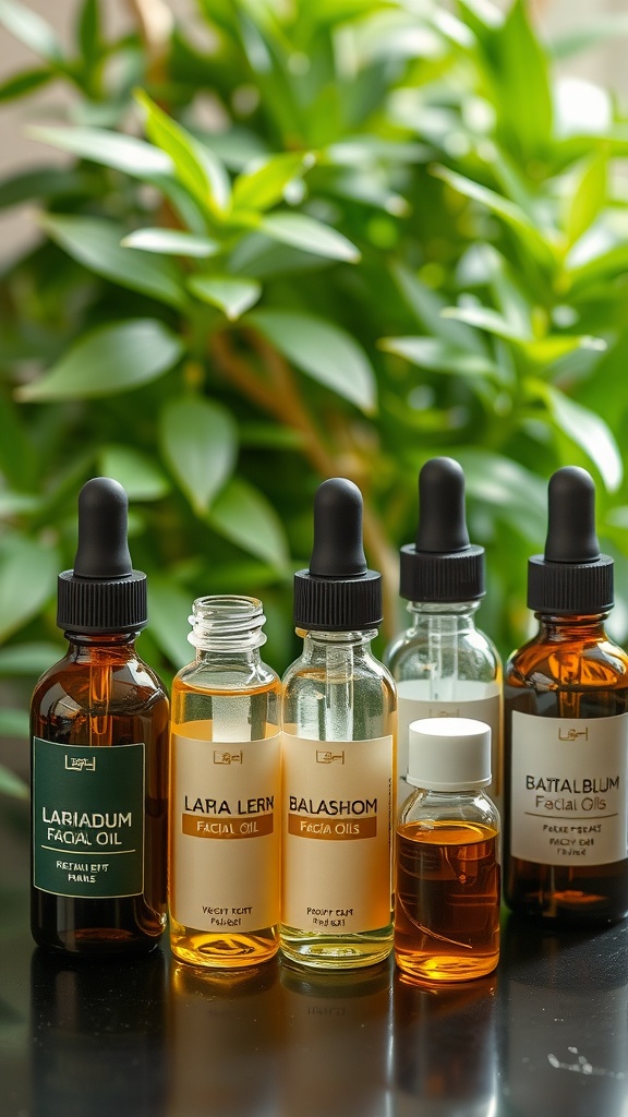 A collection of various facial oils on a table with green plants in the background
