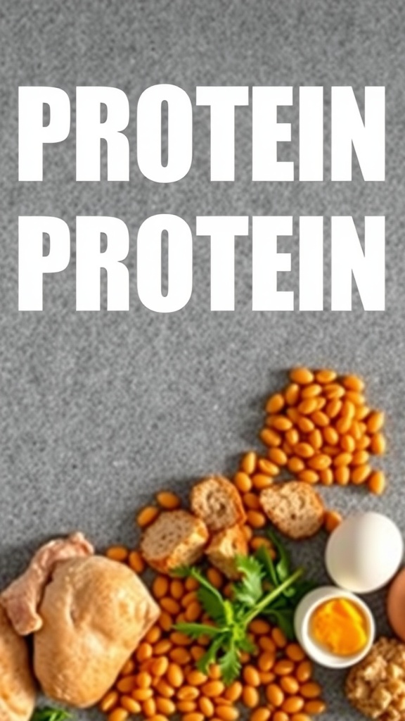 A variety of protein-rich foods including chicken, eggs, and legumes on a gray surface.