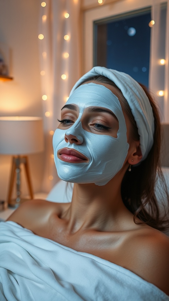 Woman with a hydrating mask on her face, relaxing with soft lighting around her.