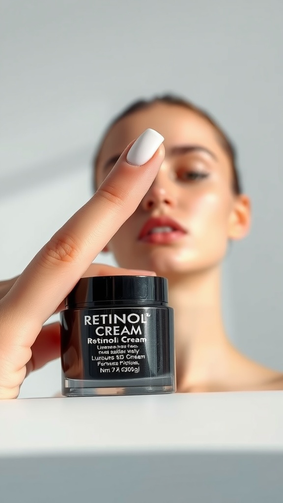 A person holding a jar of retinol cream, focusing on its benefits for skin elasticity.