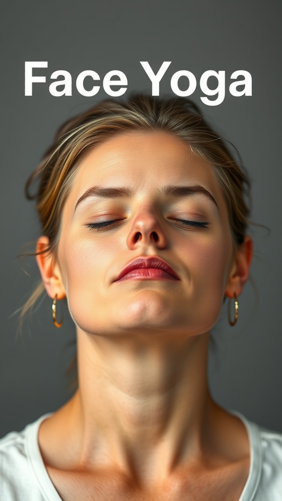 A woman practicing face yoga, focusing on relaxation and facial muscle engagement.