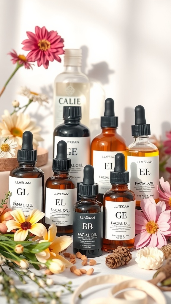 A variety of facial oils displayed with flowers and natural elements.