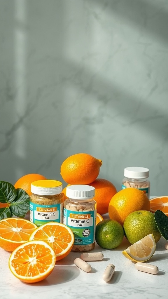 Vibrant oranges and vitamin C supplements on a marble surface, showcasing their benefits for skin health.