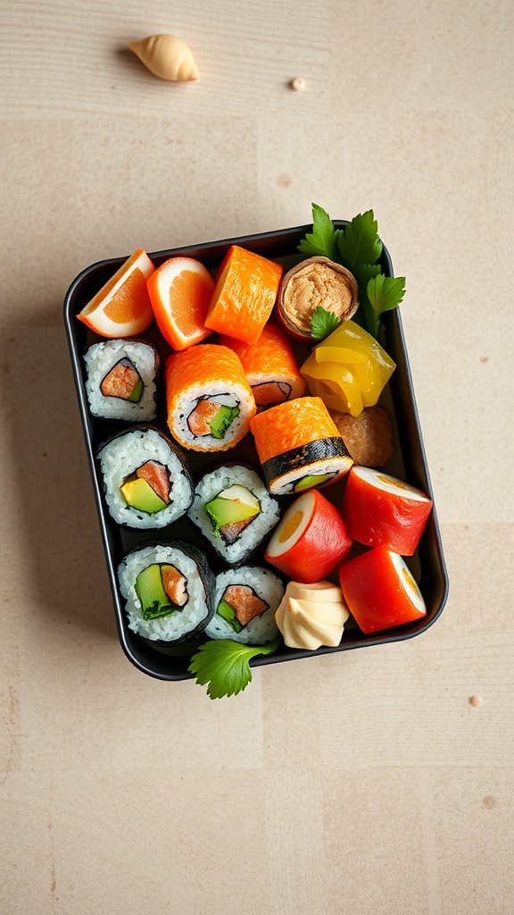 A bento box filled with colorful sushi rolls and accompaniments.