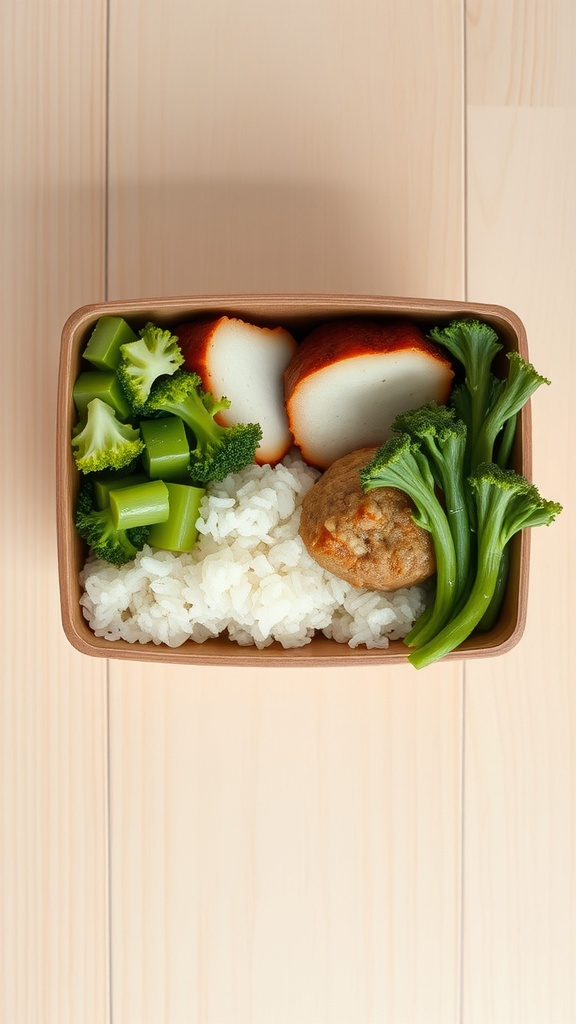A bento box filled with rice, broccoli, celery, a meatball, and fish cake slices.