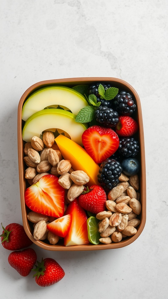 Bento box filled with assorted fresh fruits and nuts