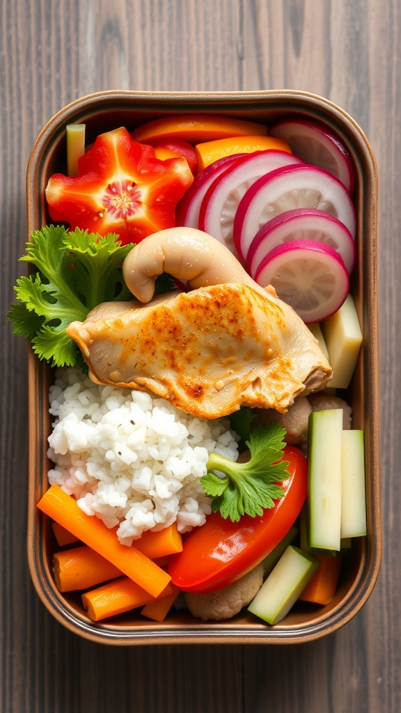 A colorful bento box filled with chicken, rice, and assorted vegetables.