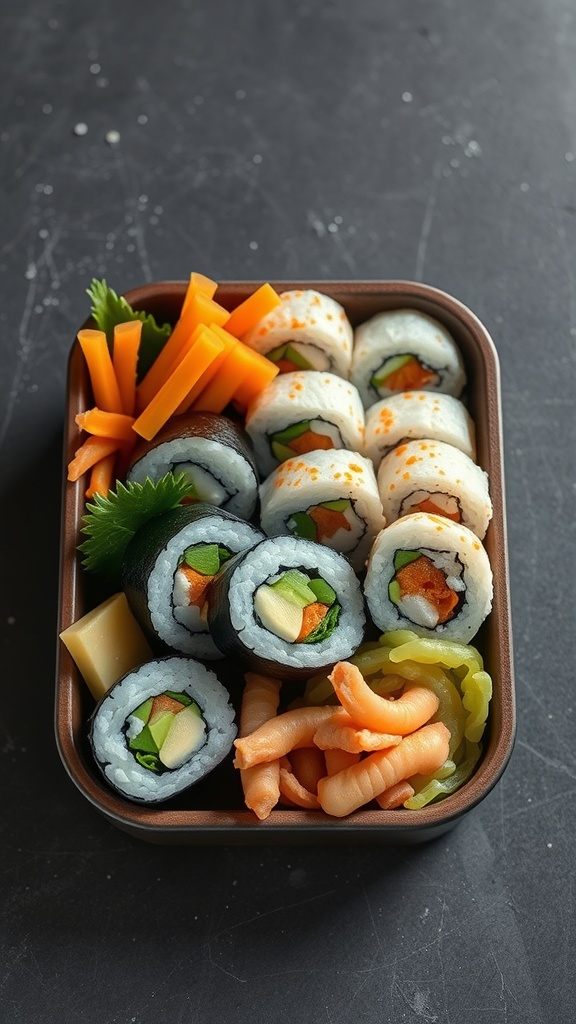 A colorful bento box filled with sushi rolls, edamame, and crispy snacks.
