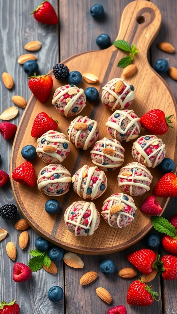 A wooden platter filled with colorful berry almond energy bites surrounded by fresh fruits and almonds.