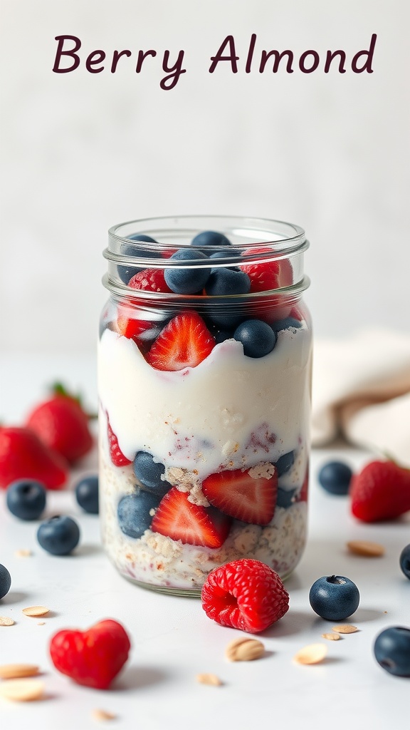 A jar of Berry Almond Overnight Oats with fresh berries and almonds