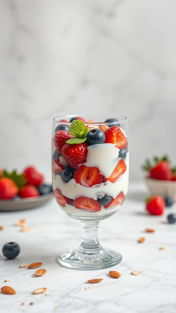 A glass of berry almond parfait with layers of yogurt, strawberries, blueberries, and almonds.