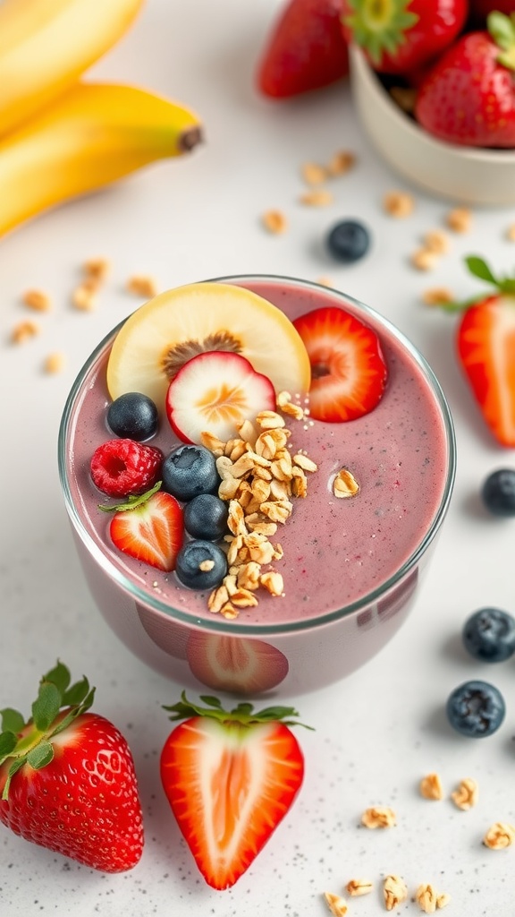 A colorful berry and chia seed smoothie bowl topped with fresh fruits and granola.
