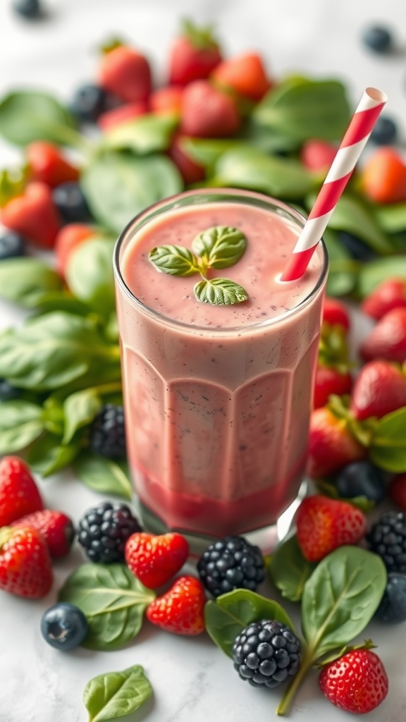 A refreshing berry and spinach smoothie served in a glass with a straw, surrounded by fresh berries and spinach leaves.