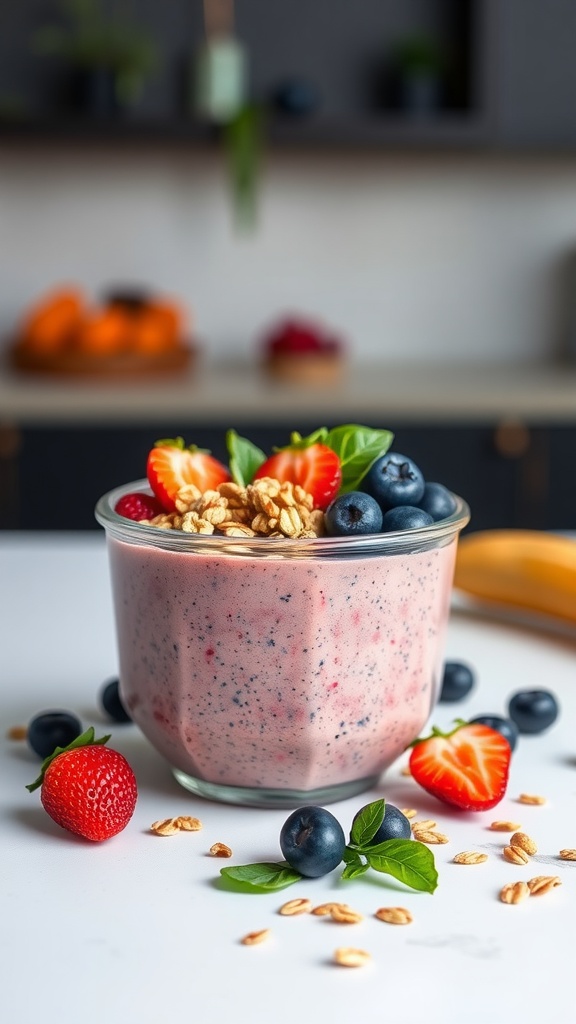 A berry and spinach smoothie bowl topped with fresh berries and granola.