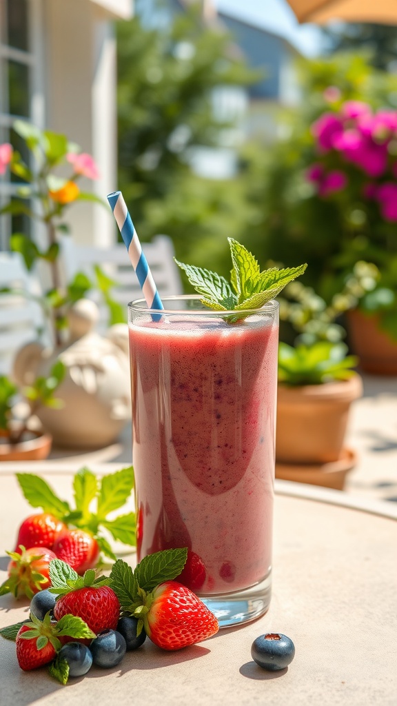 A refreshing Berry Antioxidant Blast smoothie in a glass with fresh berries and mint garnish.