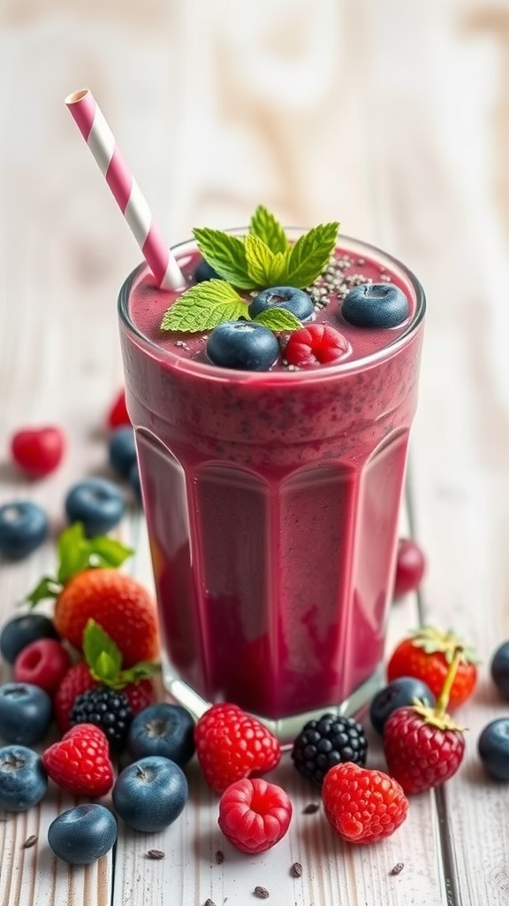 A colorful berry smoothie in a glass garnished with fresh berries and mint.