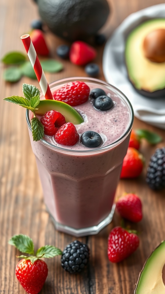 Berry Avocado Power Blend smoothie in a glass with berries and avocado