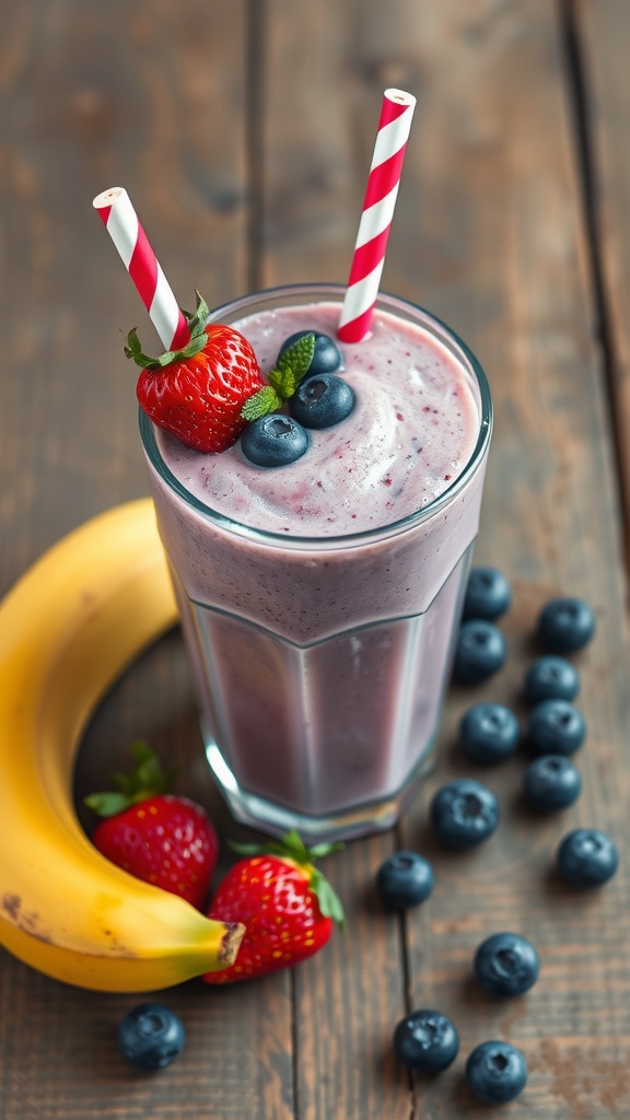 A glass of berry banana smoothie topped with strawberries and blueberries, with some fresh fruits on the side.