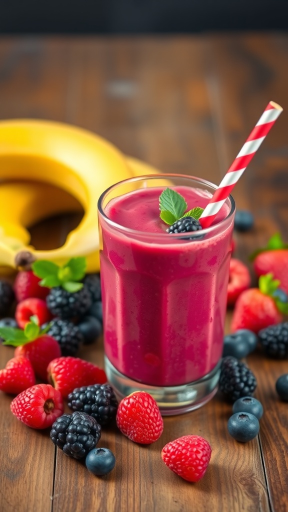 A glass of Berry Banana Bliss Smoothie surrounded by fresh berries and a banana.