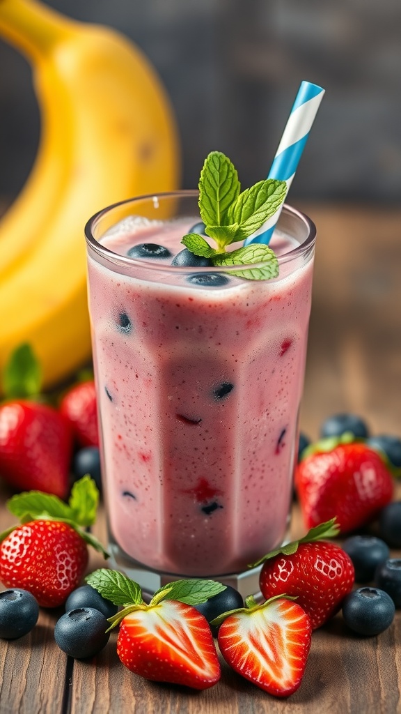A refreshing Berry Banana Boost smoothie in a glass, surrounded by fresh strawberries and blueberries.