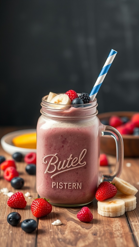 A delicious berry banana smoothie in a mason jar with a blue and white striped straw.